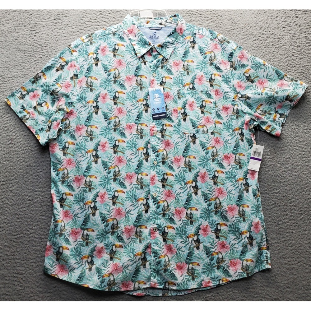 IZOD Saltwater Hawaiian Shirt Mens XXL Multi Tropical Floral Toucan Print Collar